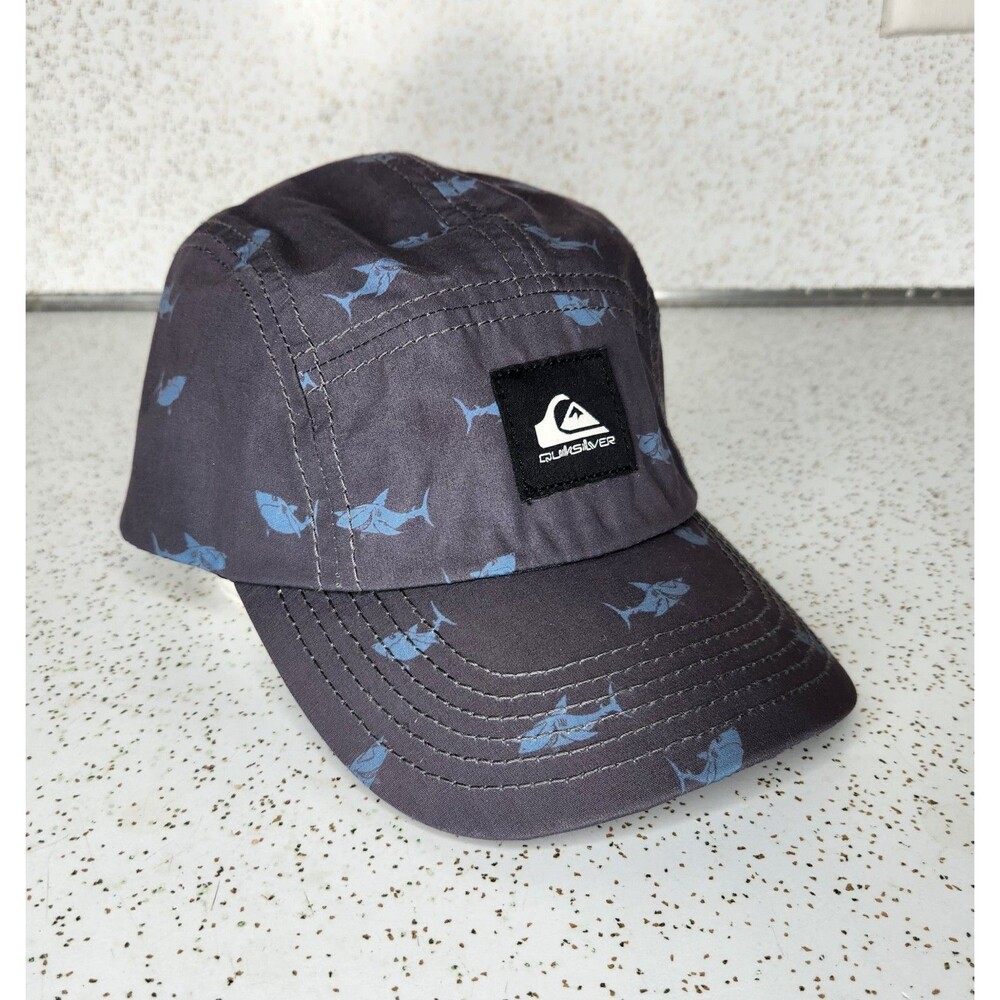 QuickSilver Camper Hat Cap Adjustable Strapback Gray w/ Shark Print Sz XS 53 cm